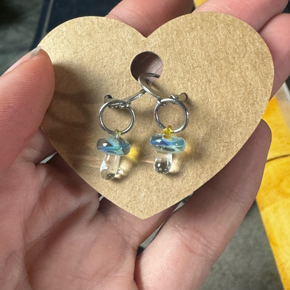 Handmade Blue glass mushroom earrings